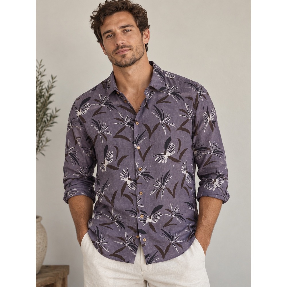 R2 Amsterdam Mens Purple Linen Bird of Paradise Floral Button Down Shirt Large